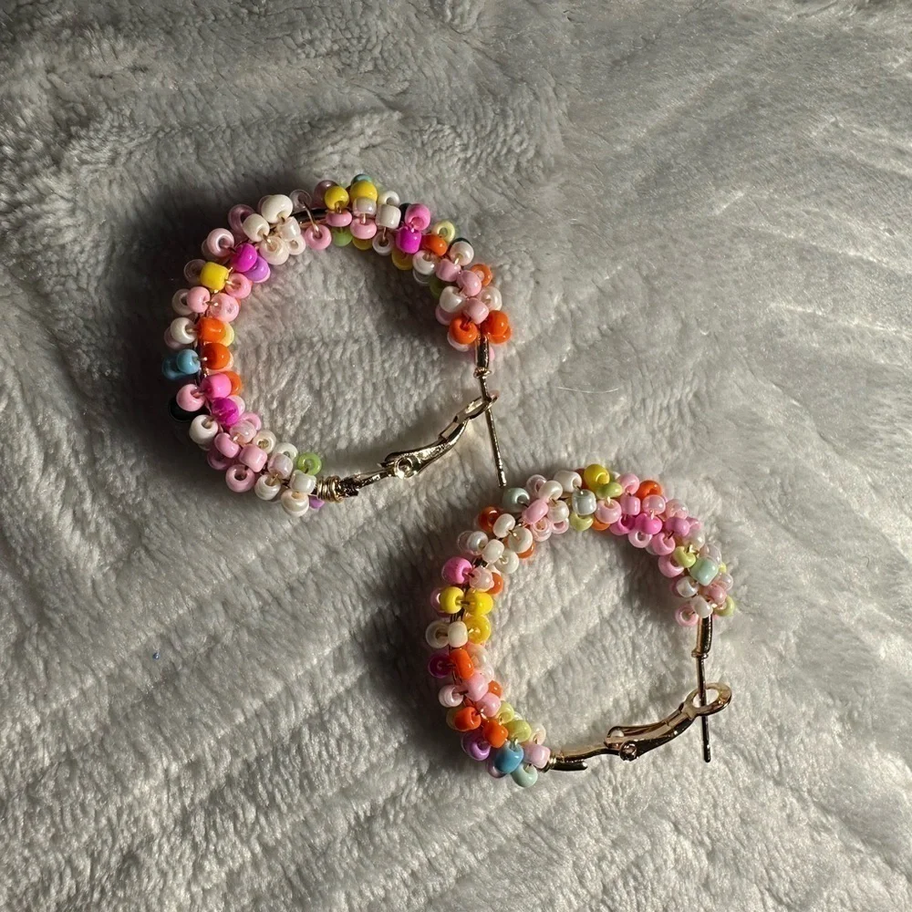 Boho Colorful Rice Bead Hoop Earrings